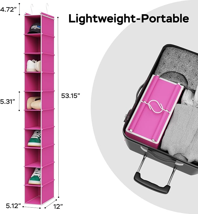 MAX Houser 10 Tier Slim Hanging Shoe Organizer,Pink | Foldable Hanging Shoe Storage Shelf with 2 Metal Hooks, Space Saving Storage for Narrow Space