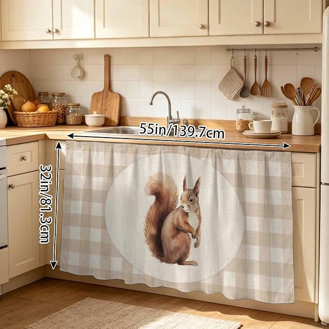 Squirrel Plaid Sink Skirt for Bathroom, Self-Adhesive Under Sink Curtain, Rustic Farmhouse Checkered Retro Animal Hide Pipes & Storage Fabric Cabinet Skirt Cover for Kitchen Laundry 32"x55"