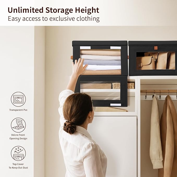 Large Closet Storage Bins - Collapsible Clothes Organizer with Handles & Window, Decorative Boxes with Lids, Linen Closet Organizers for Living Room, Dorm, 8 Pack, Black