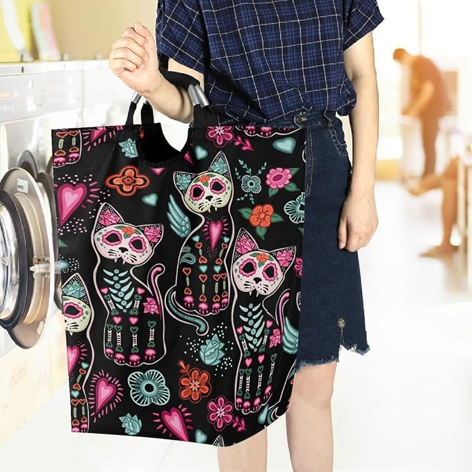 visesunny Collapsible Laundry Basket Sugar Skull Cat Flower Floral Large Laundry Hamper with Handle Toys and Clothing Organization for Bathroom, Bedroom, Home, Dorm, Travel