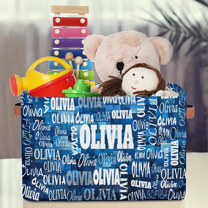 Personalized Storage Bins for Kids Pets Toys, Blue Geometric Square | Organizing Boys Girls Pets Toys Closet Shelf Clothes Books