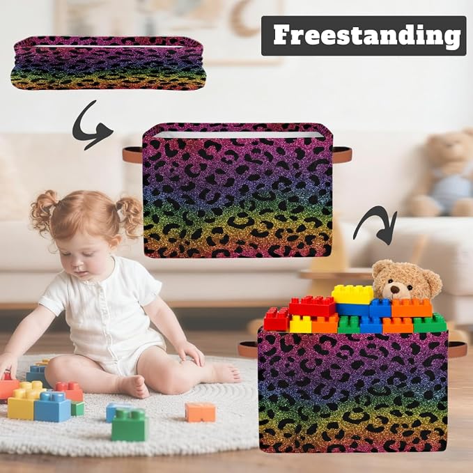 Pardick Storage Baskets Bin, Rainbow Leopard Print Collapsible Canvas Fabric Storage Bin Decorative Baskets Toy Organizer Rectangle Storage Boxes with handles for Home Shelves Nursery,1Pack,C-01
