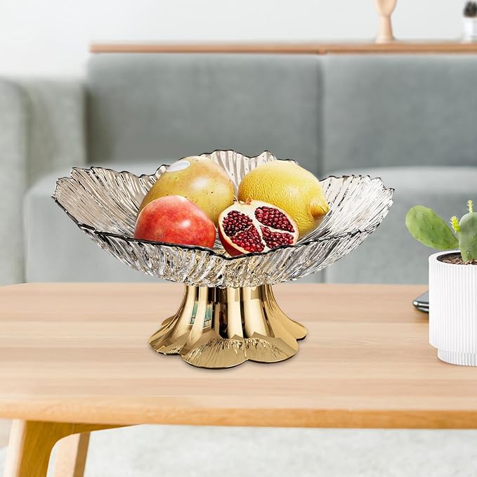 Pedestal Fruit Bowl, Snack Storage Holder, Fruit Tray, Dessert Display Stand, Decorative for Living Room Kitchen Home, E with Gold Base, White