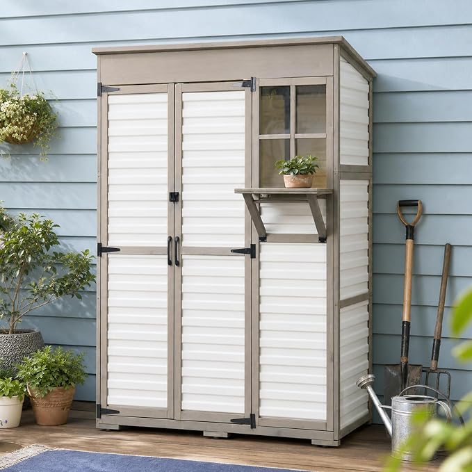 Large Outdoor Storage Cabinet with 3 Shelves, Weatherproof Shed for Outside | Fold-out Work Table, Dual-zone Shelves Keep Tools Organized, Clear Window, 6 Hooks, Anti-tip, Fits Patio, Garden, Garage