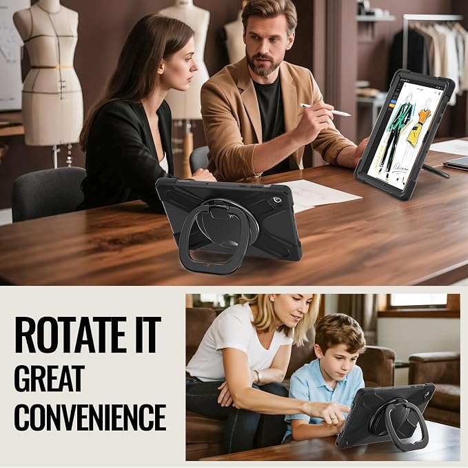 Rugged Protective Case Compatible with Samsung Galaxy Tab A11 Plus/A11 + 11" 2023 SM-X230, Military-Grade Shockproof Cover with 360° Rotating Stand & Built-in Screen Protector (Black)