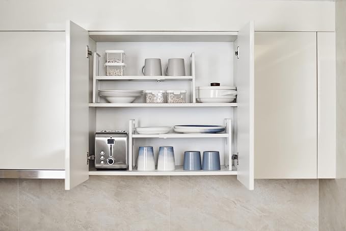 Nxconsu Cabinet Shelf Riser, Adjustable Cabinet Organizer, 8.6" Deep White | Heavy-Duty Metal Expandable Shelf Holds 50 lb with 3 Height Levels for Kitchen Cabinet Cupboard Pantry Dish Mug