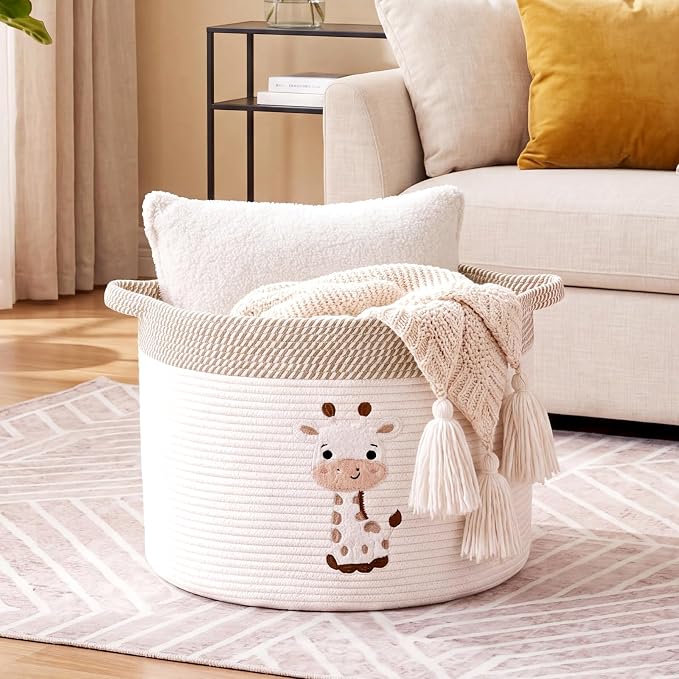 LemonRoad Extra Large Basket 20"x14", Woven Basket for Laundry Blanket Toy Box with Handle Storage, Blanket Storage for Living Room Nursery Pillows Chest(Cotton Rope,Giraffe,Brown White)