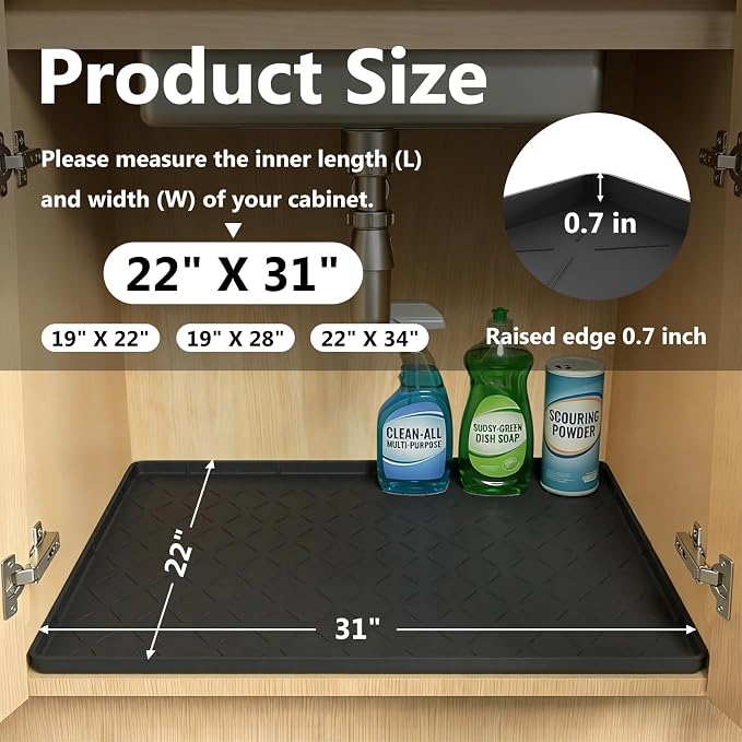 Mateeylife Under Sink Mat Kitchen Waterproof, Silicone Sink Tray 22"X31" | Under Sink Organizer Cabinet Shelf Protective Liner, Multi-use Silicone Mat for Boot Tray & Litter Mat, Classic Black