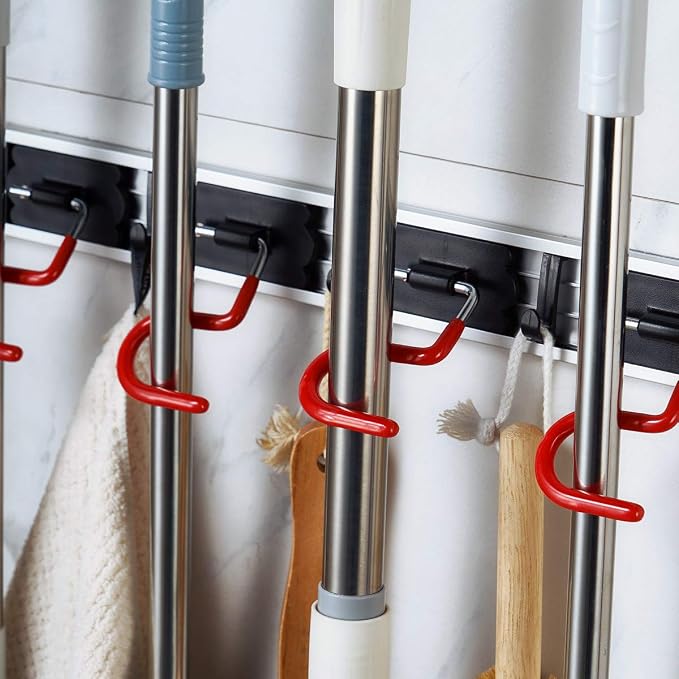Wall Mounted Mop and Broom Holder Stainless Steel S Type Broom Rack Anti-Slip Mop Organizer (17 Inches,4 Positions 3 Hooks, Red black) (17inch) (Pack of 2)