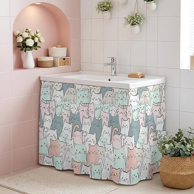 Cartoon Cat Small Sink Skirt 10"Wx11"L, Dustproof Under Sink Curtain with Self Adhesive Tape, Funny Cute Colorful Animal Pet Cabinet Curtain Cover for Bathroom Vanity, Kitchen Storage Shelf, RV