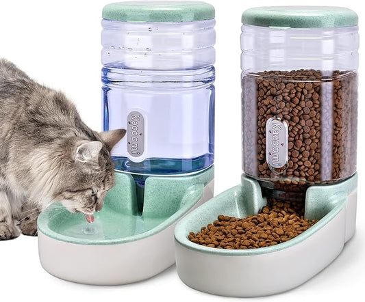 Kacoomi Automatic Dog Cat Feeder and Water Dispenser Gravity Food Feeder and Waterer Set with Pet Food Bowl for Small Medium Dog Puppy Kitten, Large Capacity 1 Gallon x 2