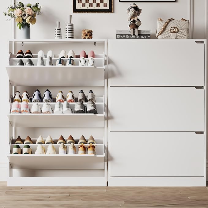 Xixini Shoe Storage Cabinet for Entryway with 3 Flip Drawers, Sturdy Wood Hidden Shoe Storage, Freestanding Narrow Slim Shoe Organizer for Front Door Entrance, Living Room, Hallway, Bedroom, White