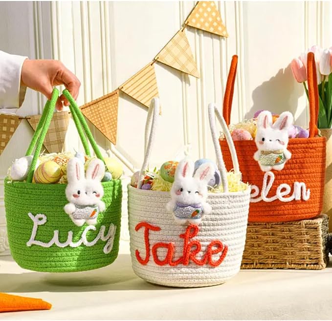 Personalized Woven Rope Bunny Basket Custom Easter Baskets for Kids Easter Egg Hunt Basket Name Tag with Handle Cotton Rope Basket (Style H)