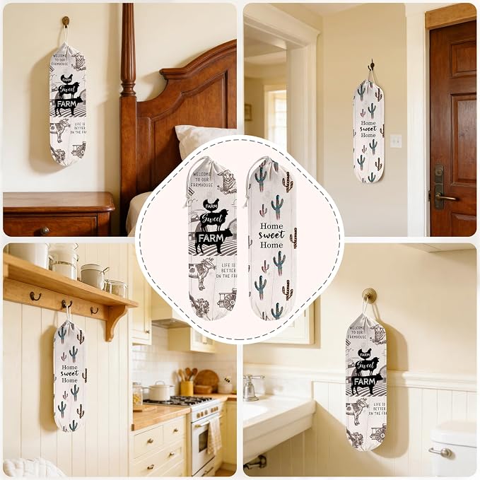 2Pcs Farmhouse Plastic Bag Holder for Kitchen Essentials, Reusable Hanging Grocery Bag Organizer, Washable Large Grocery Trash Bags Storage Dispenser, Farmhouse Home Decor
