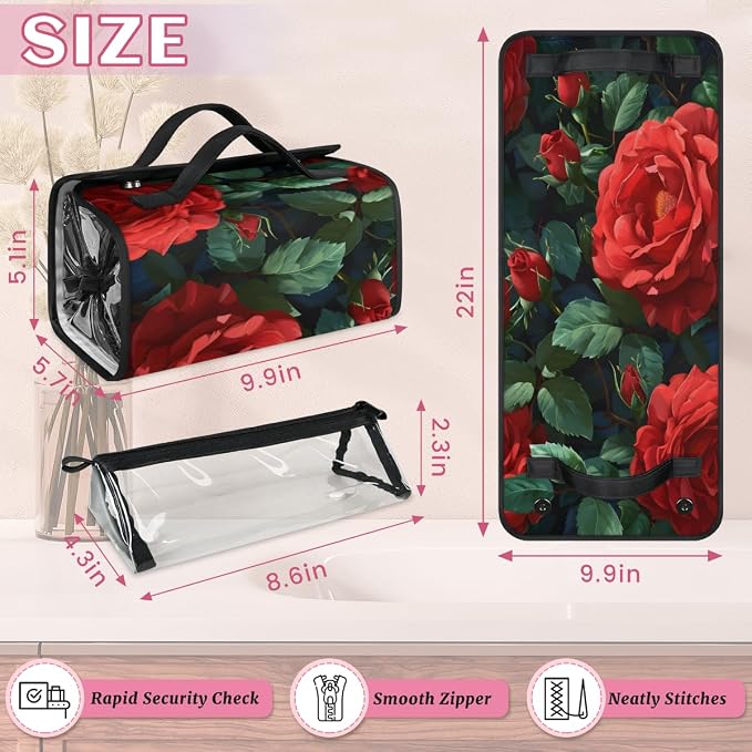 Red Rose Makeup Bag for Women Hanging Roll-Up Travel Organizer Toiletry Kit with 4 Removable Compartments, Red Floral Flower