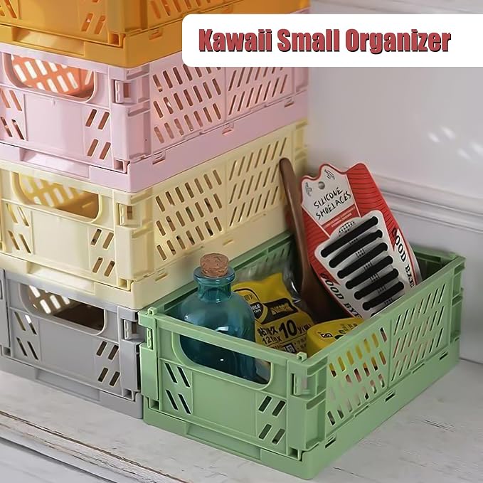 Tobeso-Nuoze Pastel Plastic Storage Baskets 2 Pack, Collapsible Crates | for Organizing, Space-Saving Bins for Kitchen, Office, Bedroom (Orange, Medium:9.8" x 6.5" x 3.8")