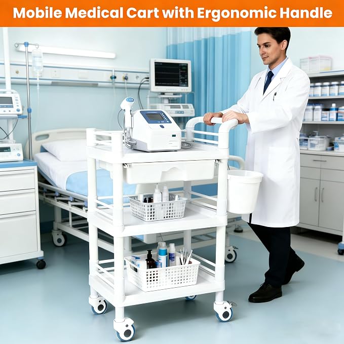 lesolar Medical Trolley 3 Tier Rolling Medical Utility Cart with Dirt Bucket & Drawer Heavy Duty Esthetician Trolley Cart for Spa Beauty Salon Wax