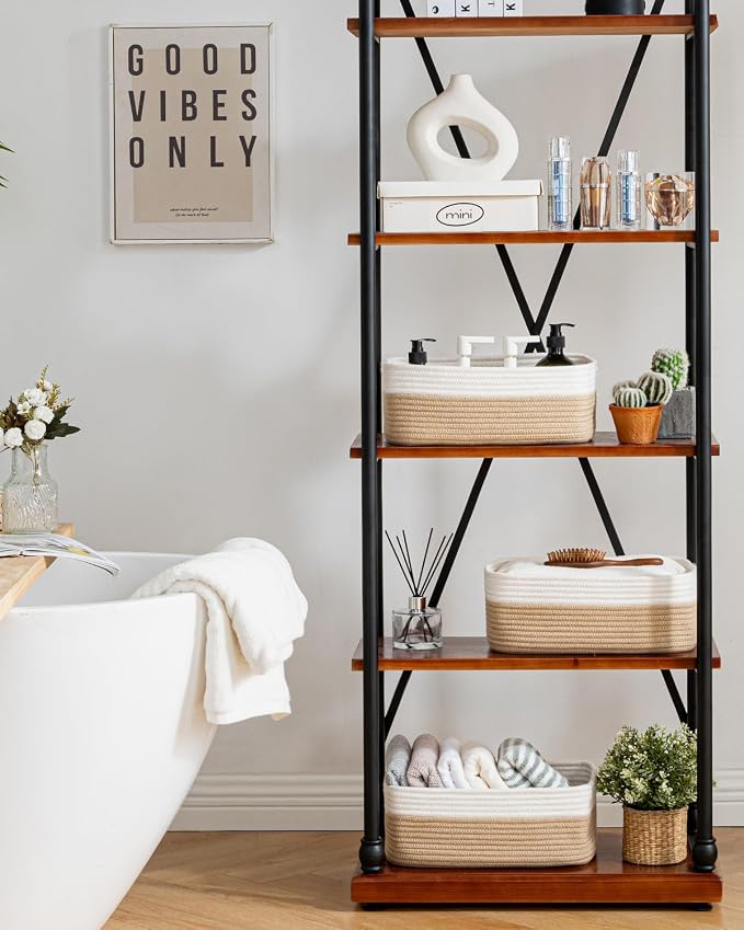 KALLAX Small Woven Storage Basket for Organizing, 13.5x9.5x5 inches, 3 Pack | Shelf baskets for closet organization, toy storage and home decor, Perfect as empty gift baskets for holidays, White & Brown