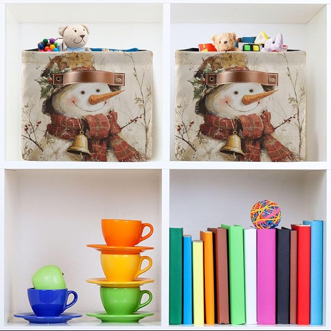 Christmas White Snowman Print Rectangular Storage Bin Basket with Handles - Nursery Storage Laundry Hamper Storage Baskets
