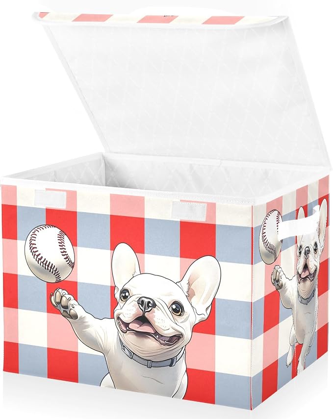 Dog Baseball Fabric Storage Bins with Lid Closet Storage Basket 40L | Decorative Storage Boxes, 300D Oxford Cloth, Hollow Board Frame, Flip Top Velcro Lid, 16.5x12.6x11.8 inch, Collapsible Design