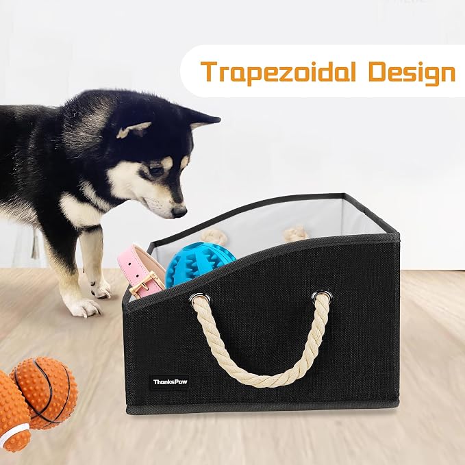Dog Toy Basket, Storage Bin, Collapsible Box for Pet Accessories | Fabric Container With Handle, Trapezoid Holder for Small Medium dogs, Organizer for Living Room, Black