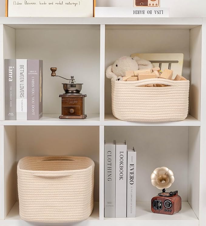 CubesLand Cube Storage Organizer Basket Bin, Cotton Rope Shelves Basket | Durable Woven Rectangular Shelf Basket for Organizing, Nursery Toys Basket, Beige Basket