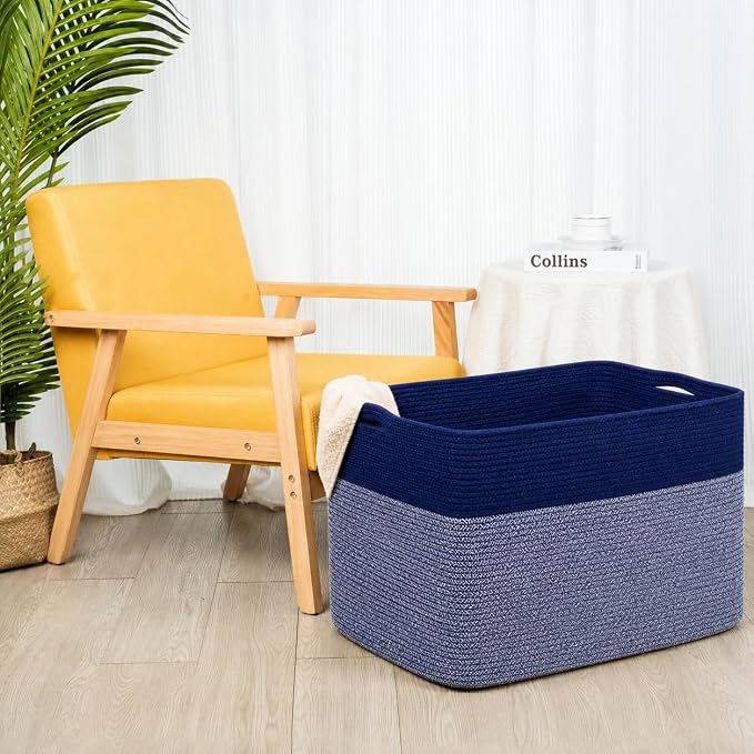 112L Extra Large Blanket Basket Holder Living Room, 25"x17"x16" Rectangle Rope Woven Storage Basket with Handles for Laundry, Towels, Shoes, Dog Toy Organizer Bin Box, Navy Blue