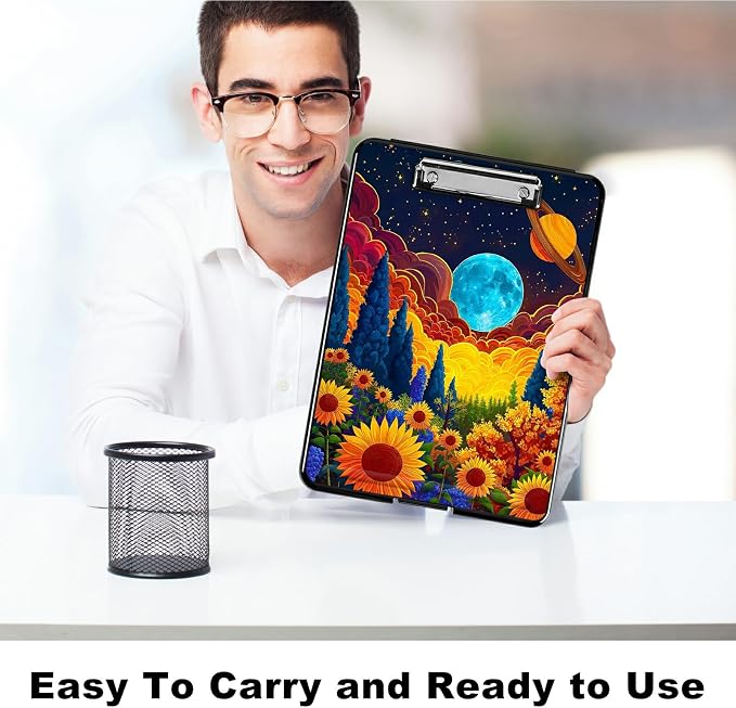 Sunflower Clouds Moon A4 Clipboard with Storage Pen Holder, Clipboards Organizer Nursing Clipboard Foldable File Folder Plastic Clipboard Folio Clip Board for Office Students Classroom