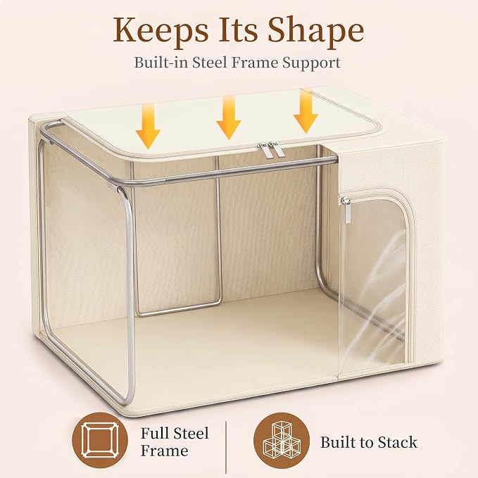 GoMaihe Clothes Storage Bins with Metal Frame for Blanket 3 Pack 66L Beige | Closet Top Shelf Linen Closet, Winter Clothing Bedding Comforters, 3 Side Access Stackable Collapse-Proof See Through Window