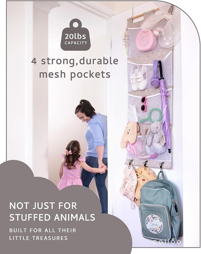Over the Door Stuffed Animal Storage for Kids – Felt Organizer with Clips to Display Art and Mesh Pockets for Stuffies, Books and More – Space-Saving Hanging Design that Grows with your Child