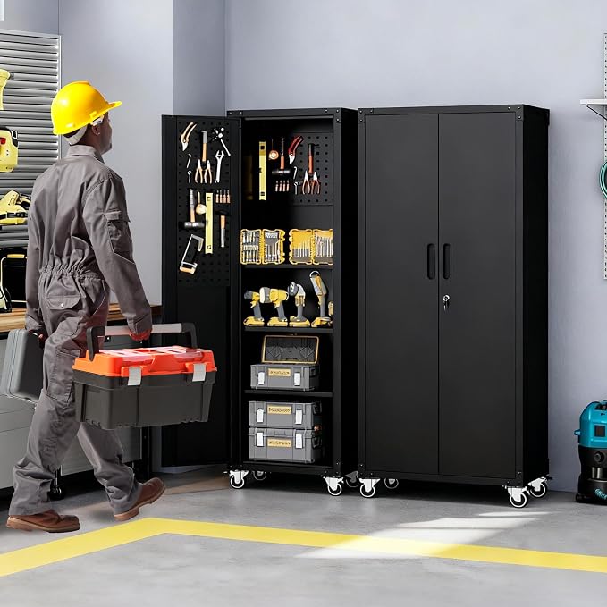 Rolling Tool Cabinet with Pegboard, 71" Tool Cabinets with 3 Adjustable Shelves for Garage, Tool Room, Assembly Required(Black)