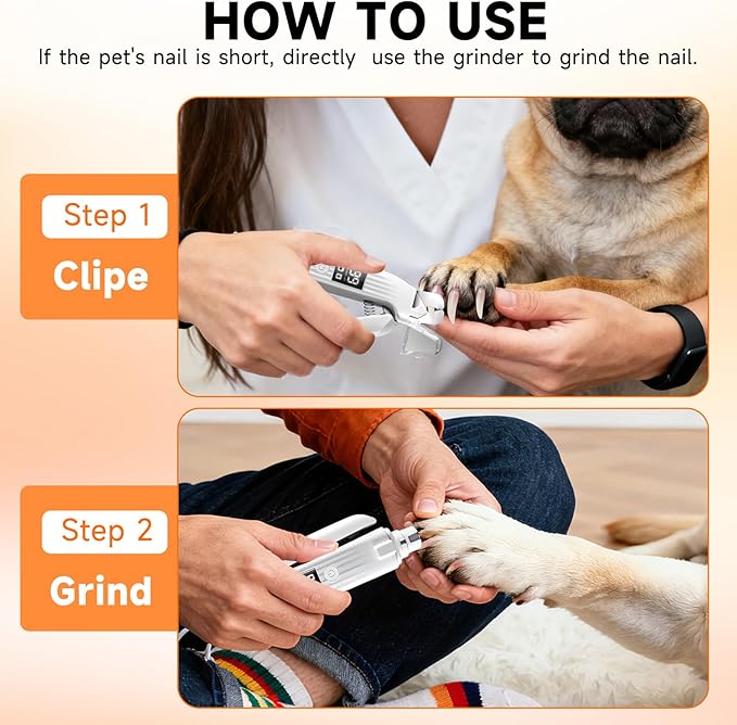 2 in 1 Dog Nail Clippers Electric Grinder Dogs Cats Trimmers Claw Nail Care Tool Cordless Rechargeable Pets Nail Trimmer with LED Lights Low Noise Pet Electric Grinder Storage Bag Include