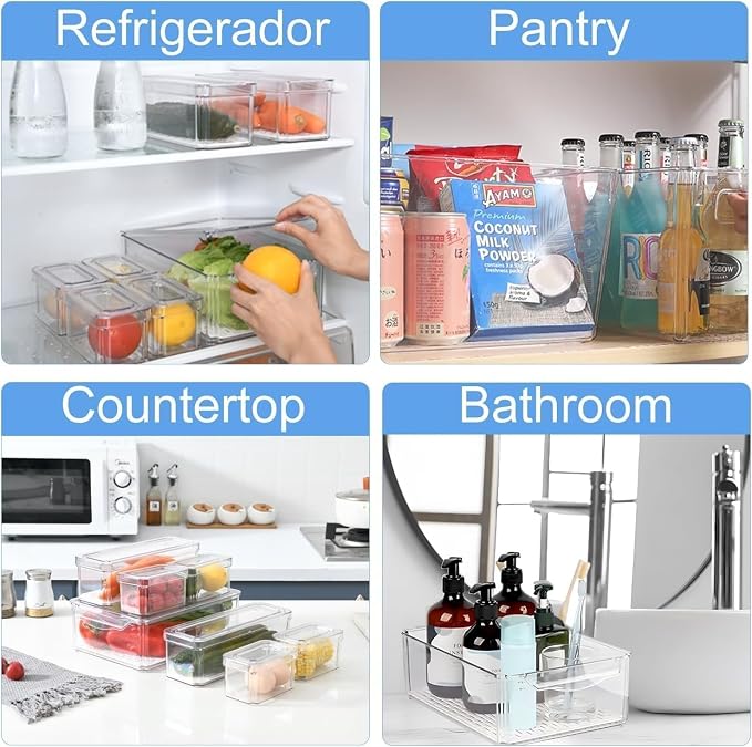 KUMD 10 Pack Food Storage Organizer Bins, Clear Stackable Containers | Organizer bins with lids for food packets, snacks, spice pouches, tea & dry goods. Fits pantry, kitchen cabinet & countertop