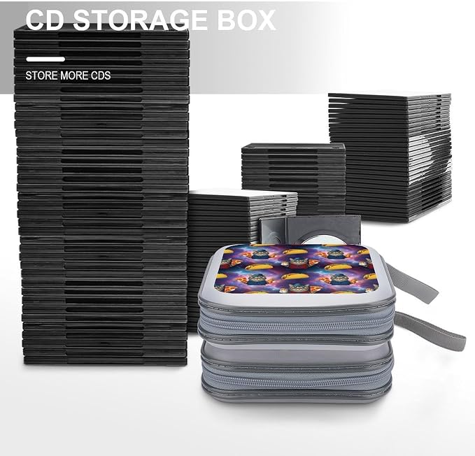 40-Disc CD/DVD Protective Case Funny Cute Galaxy Cat Taco Pizza, Hard Plastic Binder with Zipper, Portable Storage Organizer for Travel Office