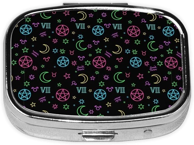 Metal Vitamin Case Tiny Pill Organizer Purse Clip-On Daily Supplement Container Gym Bag, Witch Magic Sun Moon Star Alchemical Cosmic Signs Witchcraft