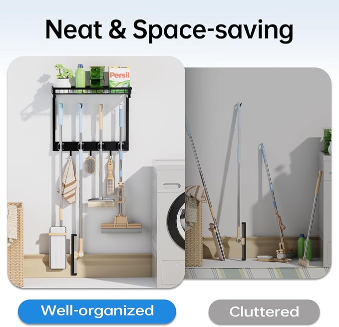 Broom Holder Wall Mount, Mop Organizer with Cleaning Tools Storage Shelf | Sturdy Metal Barn Cleaning Supplies Holder Gripper Hooks, Utility Hanger Closet Organizer for Home Improvement Garage Kitchen