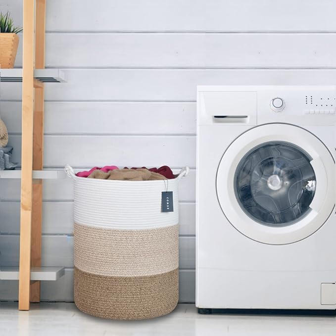 COMSE Tall Woven Blanket & Laundry Basket, 72L, White & Gradient Brown | 15.7”x 21.7”, Cotton Rope, Large Nursery Hamper for Storage of Toys Clothes Towels, Great for Living Rooms Bedrooms Bathrooms