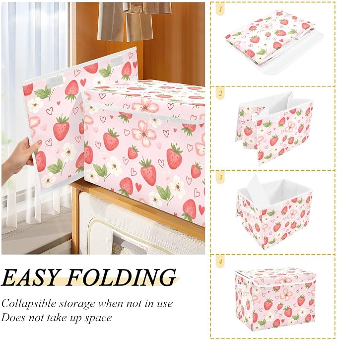 Strawberry Fabric Storage Bins with Lid Foldable Storage Boxes 40L Baskets | Decorative Storage Boxes, Foldable & Stackable, Dust-Proof Flip Top, Reinforced Handles, For Home & Dorm, Clothes & Toy Box