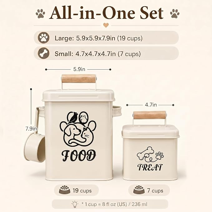 Airtight Dog Treat Container Set of 2 | Iron jars, 26 cup capacity, food-grade coated, includes 1 scoops, keeps treats fresh, fits kibble & biscuits, white