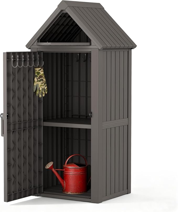 Vertical Outdoor Storage Shed, Waterproof Resin Outdoor Storage Cabinet with Removable Shelves & 12 Hooks, Lockable Small Tool Shed for Garden, Backyard, Patio, Pool, Gray