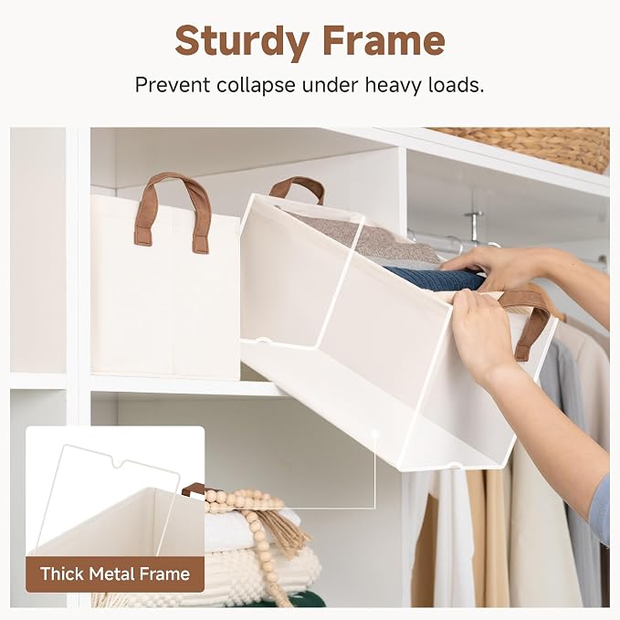 StorageWorks Fabric Storage Bins, Linen Closet Organizers, Natural, 2-Pack | With Reinforced PU Handles, Metal Frame, Collapsible, Storage Basket for Shelves, Closet, Holds Clothes, Towels, Blankets