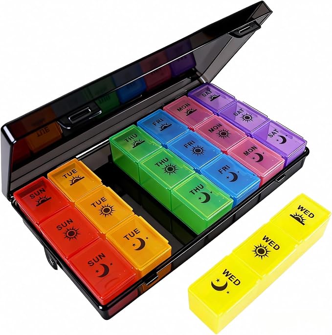 Weekly Pill Organizer 3 Times a Day, 7-Day Moisture-Proof Pill Box with 21 Compartments, Portable Travel Container for Vitamins Fish Oil Compartments Supplements(Black)