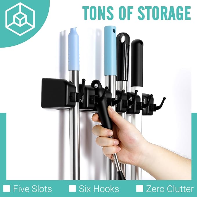 InPoTo Broom and Mop Holder, Wall Mounted Organizer Storage Tool Rack with 5 Ball Slots and 6 Hooks (2 Pack)