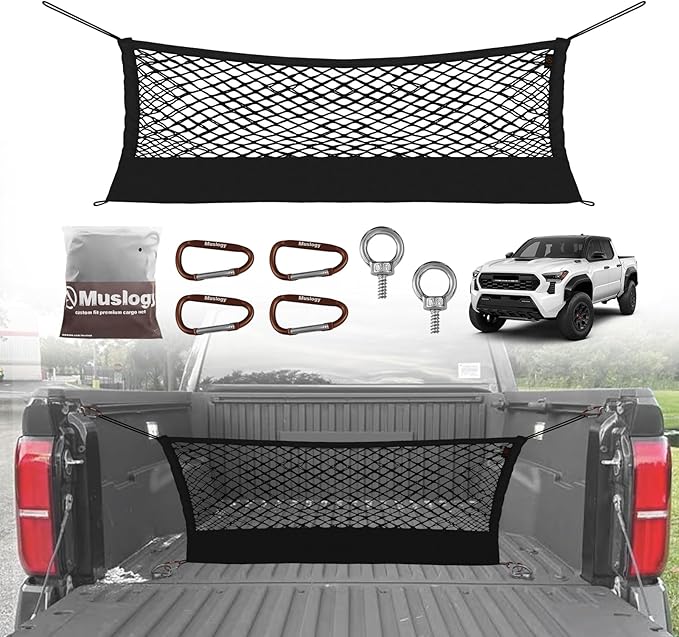 Muslogy Cargo Net for 2024 2025 2026 Toyota Tacoma | Custom Fit, Truck Bed Storage Organizer Net for Pickup Truck Bed Divider, Heavy Duty Carabiners, Night Visible Grab Handle