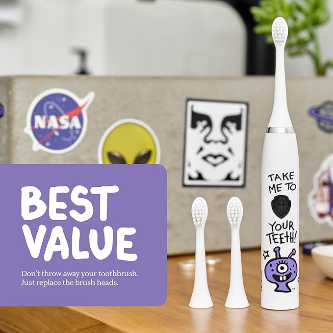 Made by Dentists Kids Electric Toothbrush - Rechargeable Vibrating Toothbrush with Timer, Includes 6 Replacement Heads, Gently Cleans Teeth, Kid & Toddlers Age 2+, Alien