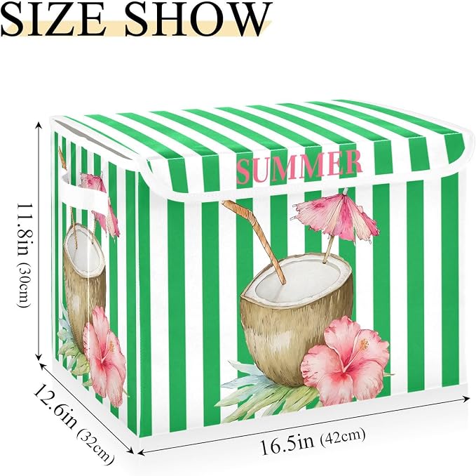 Summer Coconut Fabric Storage Bins with Lid Closet Storage Basket 40L | Foldable & Stackable, Flip Top Dust Guard, Reinforced Handles, Home & Bedroom, Clothes & Toys, Hawaii Print Basket
