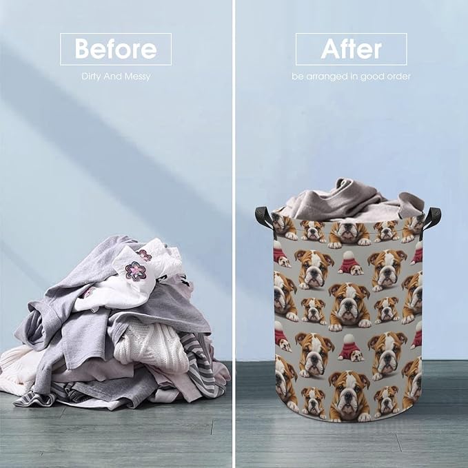 Waterproof Clothes Hamper with Handles English Bulldog Puppy Dog Art, Collapsible Basket for Laundry, Toy, and Bedroom Storage Solutions