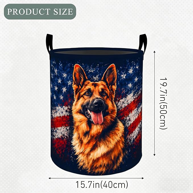 German Shepherd Flag Laundry Basket Hamper, Organizer Bins Gifts for Women Kids, Patriotic Foldable Dog Waterproof Clothes Hamper Handles Storage Bucket for Bedroom Bathroom Room Decor 19.7"x15.7"