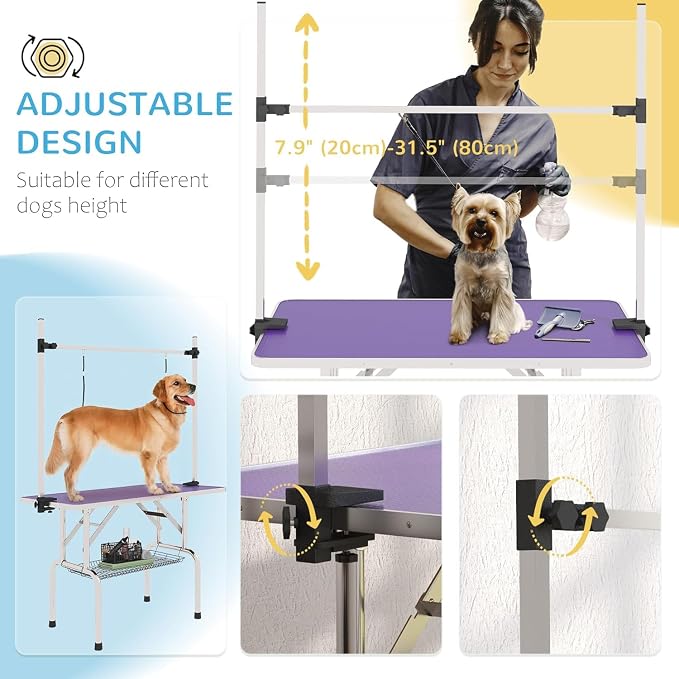Pet Dog Grooming Table, Foldable Stainless Steel Pet Drying Grooming Table Up to 330lbs, Professional Bathing Desk for Dogs at Home with Adjustable Overhead Arms, Noose, Mesh Tray, 42''/Purple