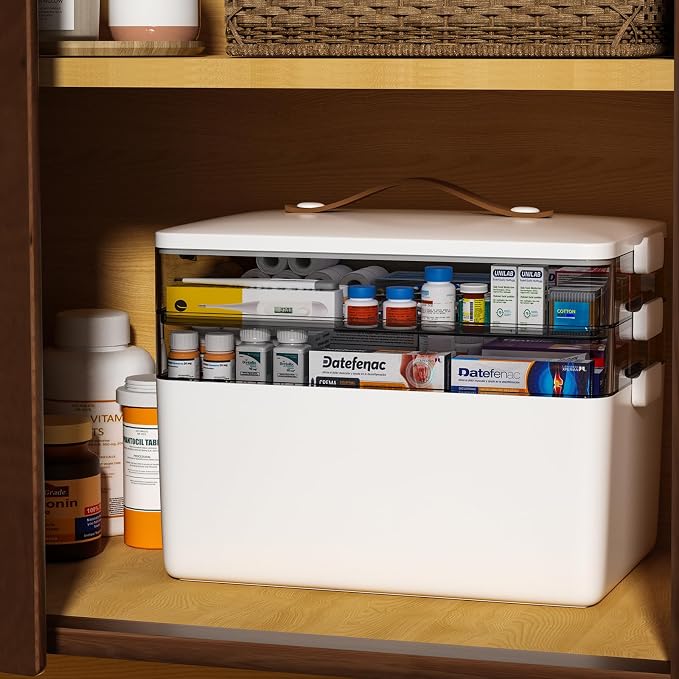 funest 3-Tier Medicine Craft,Sewing,Art,Organizer Storage,Portable Latch Bin with Lid and Leather Handle,Pill Bottle, First Aid, A Household Essential
